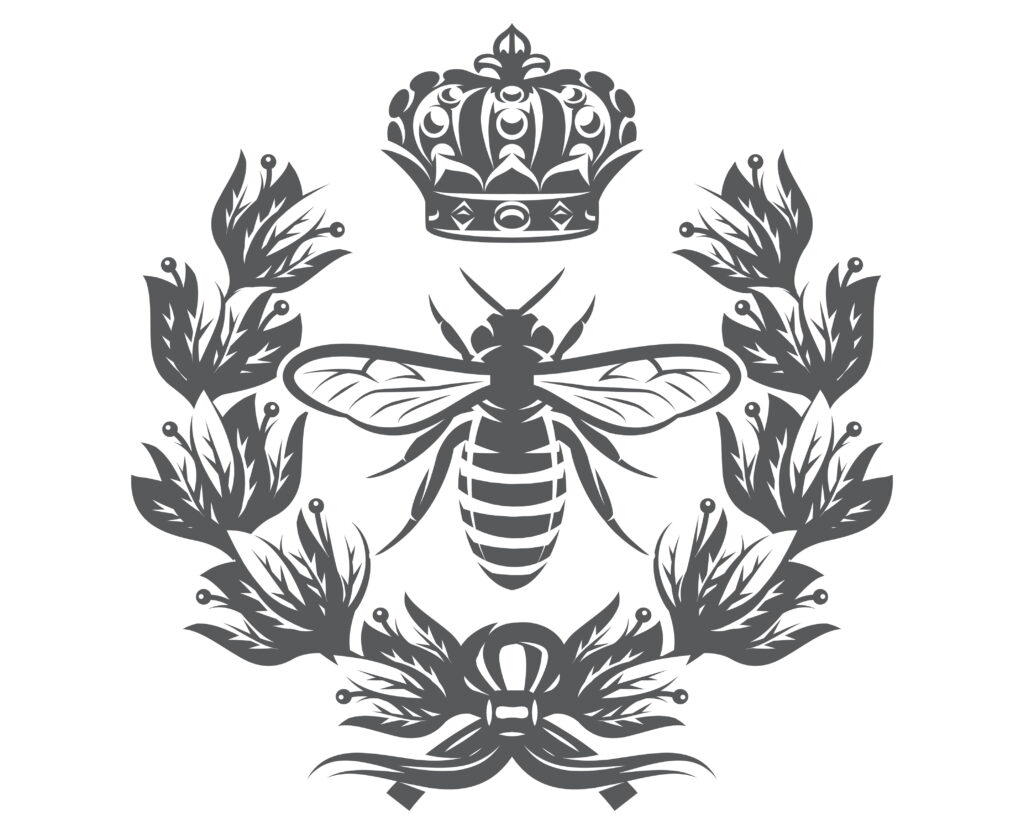 Vector monochrome illustration with bee, imperial crown and laurel wreath